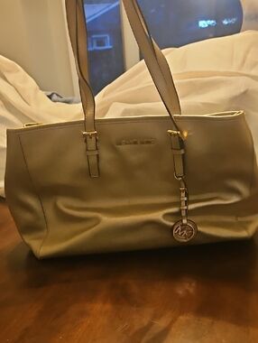 Michael Kors Gold Leather Shoulder Tote with Logo Charm